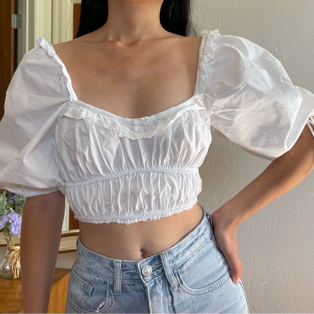White Puff Sleeve Smocked Crop Top - Women